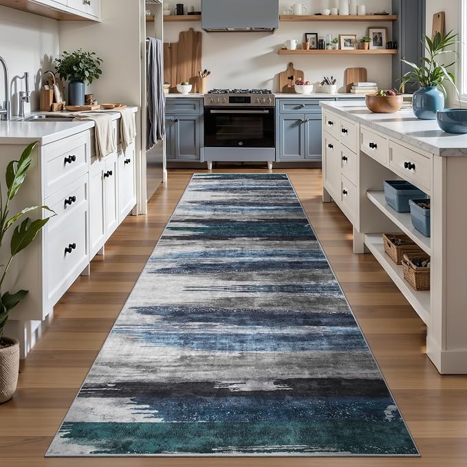 Ciicool 2x12 Washable Runner Rug, Modern Abstract Hallway Rugs Runner, Non-Slip Thin Accent Rug Lightweight Navy Grey Print Distressed Carpet for Laundry Entryway Bedroom Kitchen Indoor