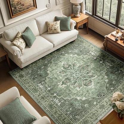 RELEANY Area Rugs Square 6ft Washable Non-Slip, Floral Vintage Distress Medallion Carpet for Living Room Bedroom Dining Room, Dark Green Gray