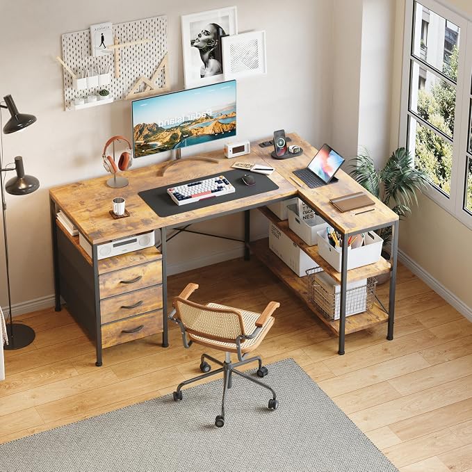 MUTUN L Shaped Computer Desk with 3 Drawers & Power Outlets, 47 Inch Corner Desk with Reversible Storage Shelves, PC Table for Home Office Bedroom (Rustic Brown, 47 Inch)