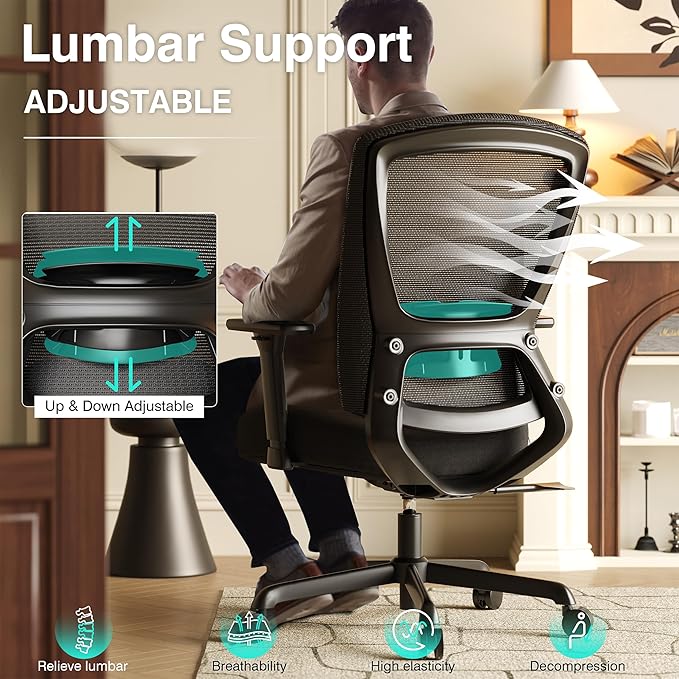 ELABEST Mesh Office Chair,Ergonomic Computer Desk Chair,Sturdy Task Chair- Adjustable Lumbar Support & Armrests,Tilt Function,Comfort Wide Seat,Swivel Home Office Chair (Noir Black (Padded Seat))
