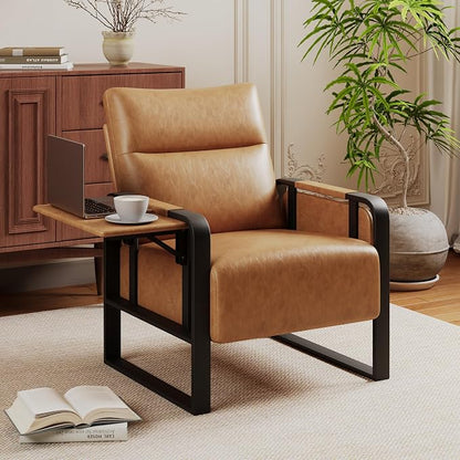 Upholstered Living Room Chair Armchair, Mid Century Faux Leather Metal Accent Chair, Reception Couch Office Guest Chair Slipper Club Lounge Single Sofa with Sidetable for Bedroom-Light Brown