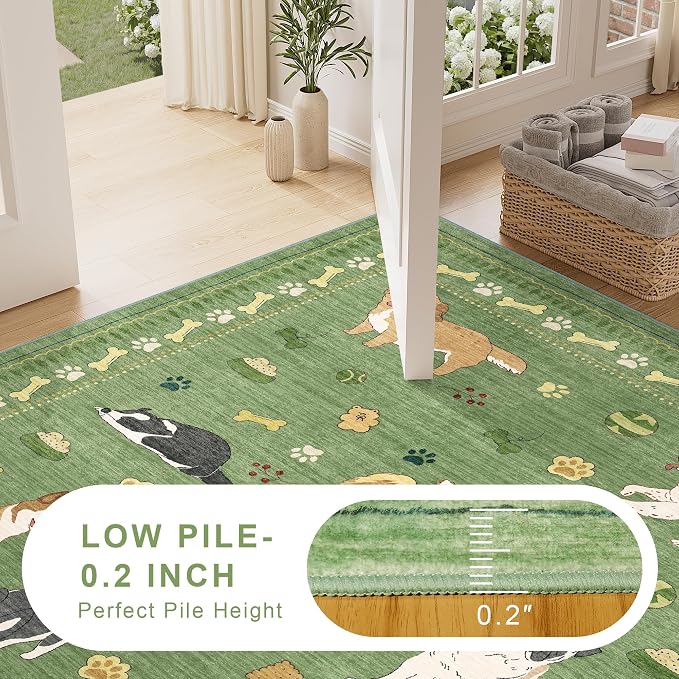 DUKINO 6x9 Rug for Living Room, Lightweight Animal Dog Print Washable Area Rug, Soft Non Slip & Low Pile Floor Mat, Stain Resistant Large Carpet for Bedroom, Nursery, Dining Room, Kids Playroom, Green