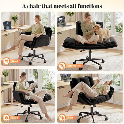 DurayLoly Criss Cross Chair with Wheels, Fluffy Vanity Chair with 5-Gear Flip Armrests, Cross Legged Swivel Seat for Bedroom, Makeup Vanity, Home Office, Dorm, Black