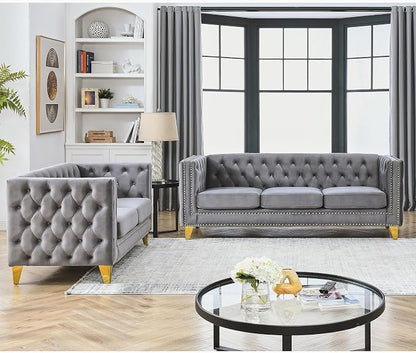 mikibama 2PC Velvet Sofa Couch Set for Living Room,Button Tufted 3 Seater Sofa and 2 Seater Loveseat Couch,Modern Upholstered Sofas with Nailhead Trims,Golden Metal Legs for Bedroom