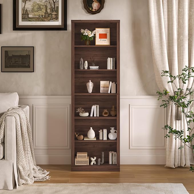 Thacuok 75" Tall Bookshelf & Bookcase, 6-Tier Adjustable Storage Shelves, Book Shelf with Anti-Tipping Device, Floor Standing Modern Display Rack for Living Room, Bedroom, Office, Walnut
