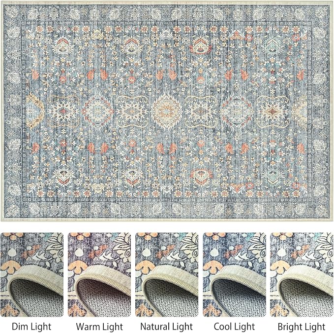 Goideal Washable Rug 8x10, Vintage Area Rugs Non Slip, Indoor Low Pile Carpet with Rubber Backing for Living Room Kitchen Bathroom Entryway Office Bedroom,Grey & Rust