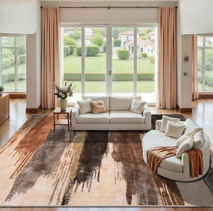Ciicool Modern Abstract Rug for Living Room, 9'x12' Machine Washable Area Rug Non-Slip Rug, Low-Pile Contemporary Indoor Dining Floor Carpet for Bedroom Office Under Table Home Decor Brown Black