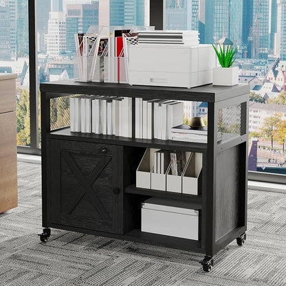 FUSUNBAO Farmhouse Printer Stand with Storage, Rolling Printer Cabinet with Shelves, Charge Station, Wheels, and File Cabinet for Home Office Storage (Black)