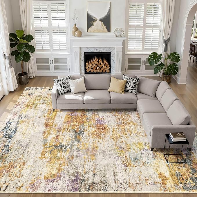 10x14 Area Rugs Living Room: Washable Large Abstract Modern Soft Stain Resistant Indoor Floor Rugs Non-Slip Accent Carpet for Bedroom Nursery Playroom Office Dining Room Dorm Home House- Gold Colorful
