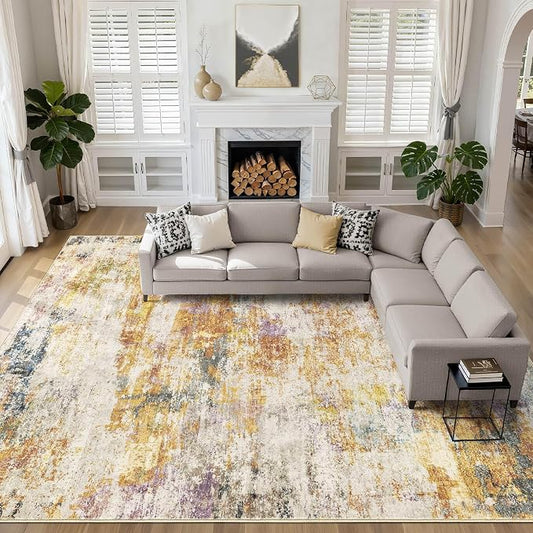 10x14 Area Rugs Living Room: Washable Large Abstract Modern Soft Stain Resistant Indoor Floor Rugs Non-Slip Accent Carpet for Bedroom Nursery Playroom Office Dining Room Dorm Home House- Gold Colorful