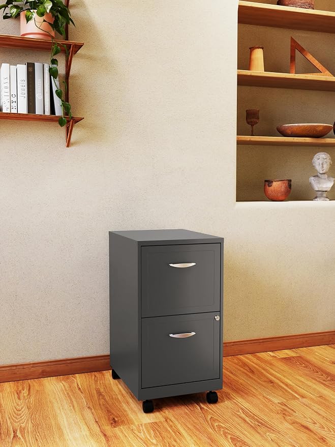 Space Solutions - 2 Drawer Fully Assembled Vertical Steel File Cabinet, Home & Small Office Use, Fits Under Most Desks, Letter-Size, Lock, Mobile, Metallic Charcoal