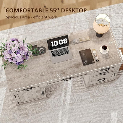 Whalefall 55'' Farmhouse Desk Home Office with Drawers, Light Gray | Executive Computer Desk with File Cabinet and Charging Station, Wooden Small Desk with Locking Drawers Storage
