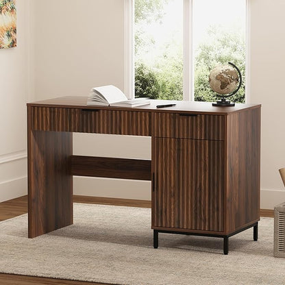 EYYTHUNG 47" Fluted Executive Desk, Modern Wood Home Office Desk with Charging Station, Drawer & Cabinet, Computer Writing Desk for Work Study, Brown
