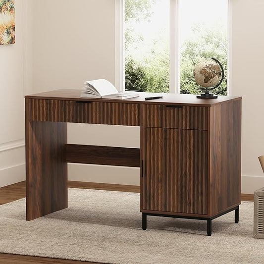 EYYTHUNG 47" Fluted Executive Desk, Modern Wood Home Office Desk with Charging Station, Drawer & Cabinet, Computer Writing Desk for Work Study, Brown