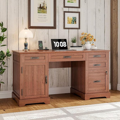 Whalefall 55'' Farmhouse Desk Home Office with Drawers, Brown | Executive Computer Desk with File Cabinet and Charging Station, Wooden Small Desk with Locking Drawers Storage