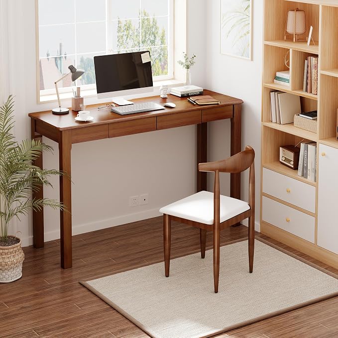 100% Solid Wood Desk with Drawers 47 Inch Mid Century Modern Desk Vintage Writing Wooden Desks for Small Spaces Bedroom, Living Room, Office