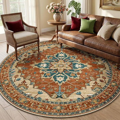RELEANY Area Rugs Round 6ft Washable Non-Slip, Floral Vintage Distress Medallion Carpet for Living Room Bedroom Dining Room, Red Orange Blue Brown