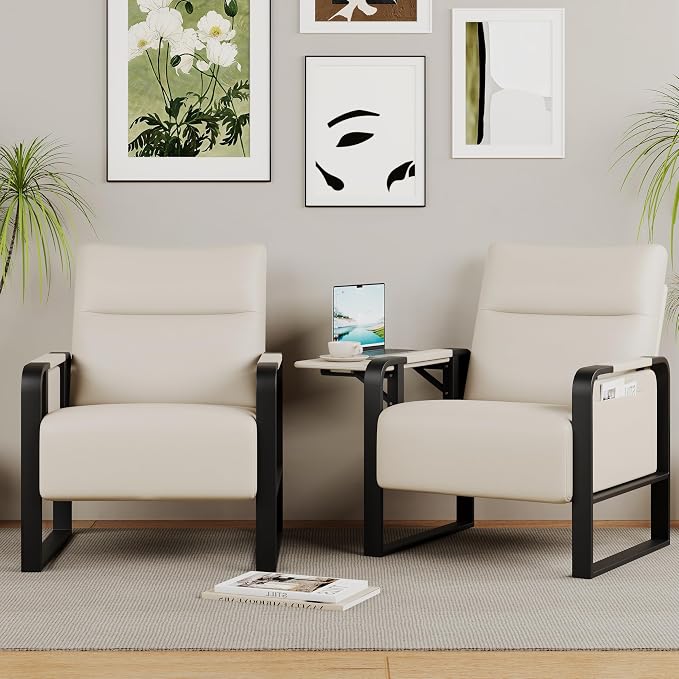 Upholstered Living Room Chair Armchair Set of 2, Mid Century Faux Leather Metal Accent Chair, Reception Couch Office Guest Chair Slipper Club Lounge Single Sofa with Sidetable for Bedroom-Beige
