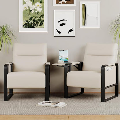Upholstered Living Room Chair Armchair Set of 2, Mid Century Faux Leather Metal Accent Chair, Reception Couch Office Guest Chair Slipper Club Lounge Single Sofa with Sidetable for Bedroom-Beige