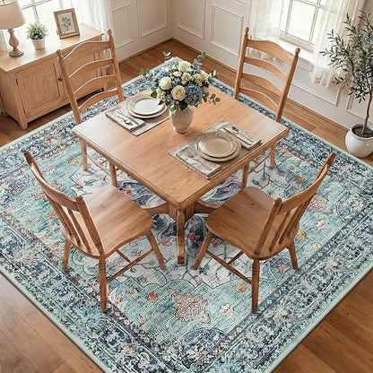 RELEANY Area Rugs Square 7ft Washable Non-Slip, Floral Vintage Distress Medallion Carpet for Living Room Bedroom Dining Room, Green Navy Blue White Red Teal