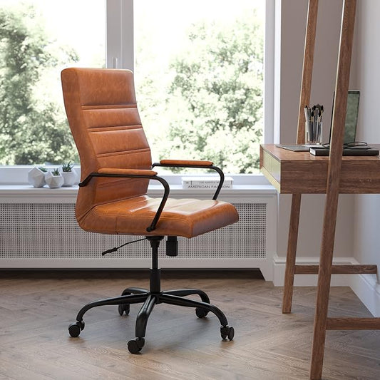 EMMA + OLIVER Faux Leather High-Back Swivel Home Office Desk Chair with Wheels, Padded Seat, and Armrests, Adjustable Height Multipurpose Office Chair, Brown/Black