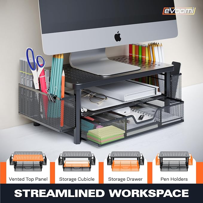 eVoomi FlowMax Ergonomic Desk organizer Computer Monitor Stand -Improved XL Desk Drawer, File Paper Pencil Holders - Pro Posture Eye-Level Tension Relief - Anti-Slip Home Office Supplies Storage Stand for Laptop Monitor or Printer