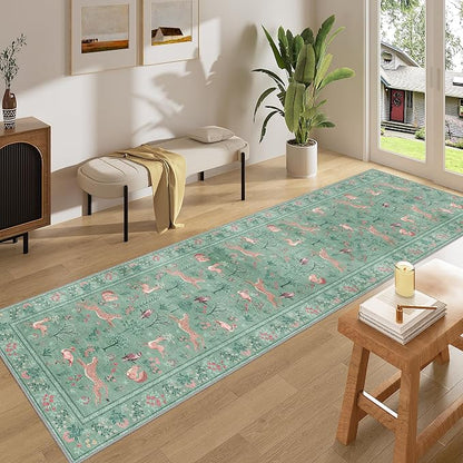 DUKINO 2x10 Rug for Hallway, Washable Kitchen Runner Rug with Non Slip Backing, Soft Low Pile Vintage Animal Runner for Bedroom, Kitchen, Hallway, Entryway, Laundry, Teal