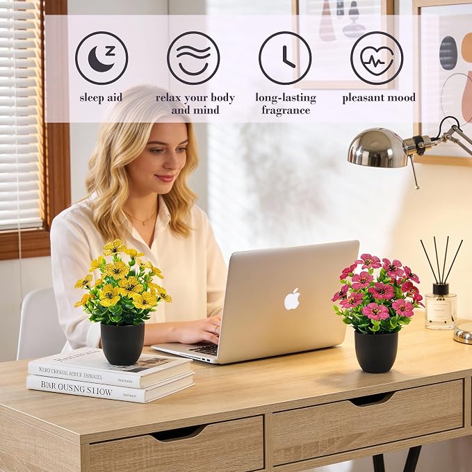 Der Rose 4 Pack Fake Plants Artificial Flowers with Fragrance Tablets for Black Bathroom Bedroom Office Desk Spring Decor