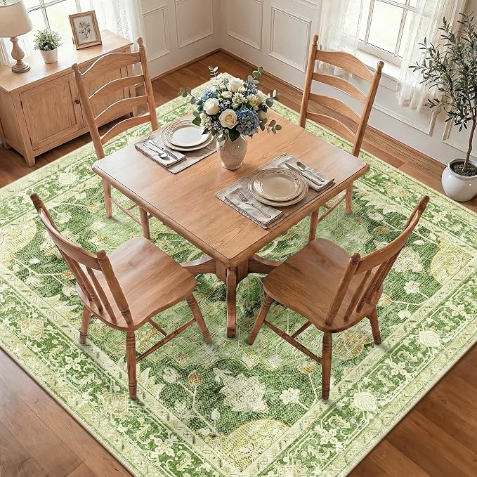 RELEANY Area Rugs Square 8ft Washable Non-Slip, Floral Vintage Distress Medallion Carpet for Living Room Bedroom Dining Room, Sage Green Yellow
