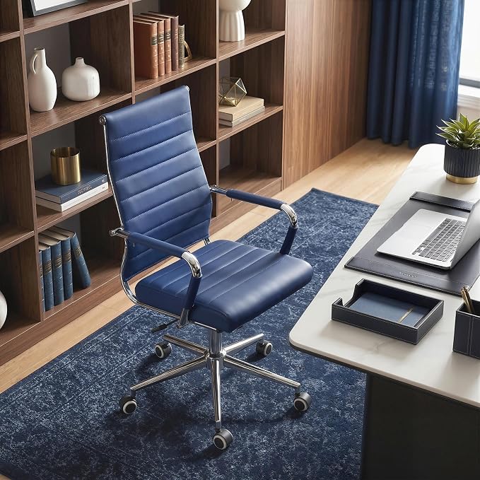 Okeysen Navy Blue Office Desk Chair, Ergonomic Leather Modern Conference Room Chairs, Executive Ribbed Height Adjustable Swivel Rolling Chair for Home Office.