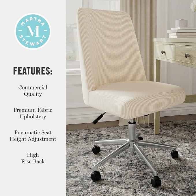 Martha Stewart Maeve Swivel Task Chair with Height Adjustable Seat for Home Office in Beige Stripe Fabric with Polished Nickel Frame