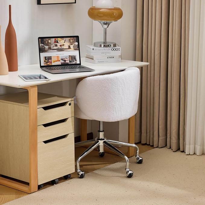 VINGLI Cute Small Swivel Desk Chair Comfy with Wheels,Ergonomic Low-Back Lumbar Support Vanity Nail Tech Rolling Task Stool Girls Women Kids Chair for Home Office,Height Adjustable,Teddy Fleece,White