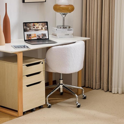 VINGLI Cute Small Swivel Desk Chair Comfy with Wheels,Ergonomic Low-Back Lumbar Support Vanity Nail Tech Rolling Task Stool Girls Women Kids Chair for Home Office,Height Adjustable,Teddy Fleece,White