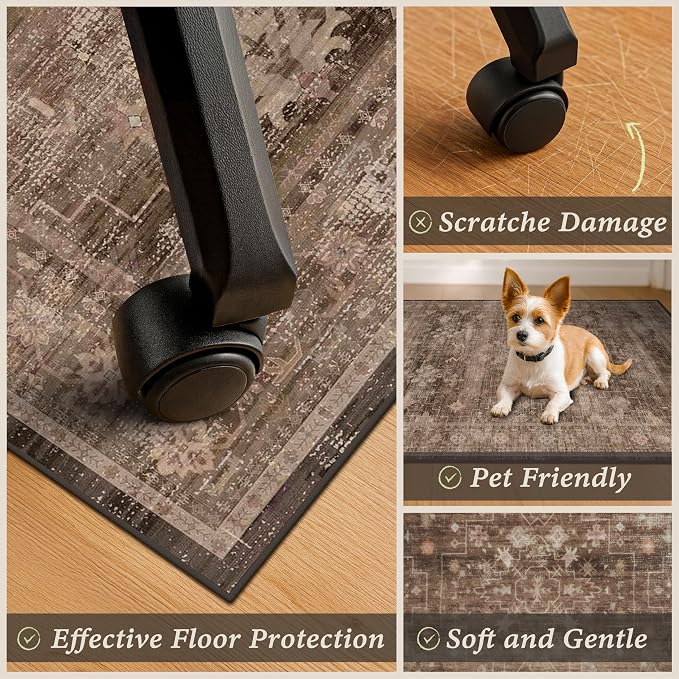 Brown Boho Office Chair Mat for Hard Wood Floors, Tile Floor Protector for Rolling Computer Gaming Chair, Under Desk Rug with Ultra Soft & Anti-Slip Backing, Easy Clean, Taupe 36"x48"