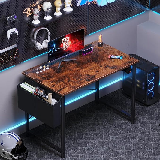 OLIXIS Small Computer Desk, 40 Inch Home Office Desks, Writing Study Craft Work Gaming Table, Computer Workstation for Bedroom Small Spaces with Storage Bag and Headphone Hook, Rustic Brown