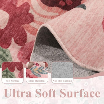 DUKINO 3x8 Washable Runner Rug, Soft Indoor Floral Non Slip Long Runner Rug for Hallways, Lightweight & Low Pile Floor Carpet for Kitchen, Entryway, Hallway, Bathroom, Laundry, Bedroom, Pink