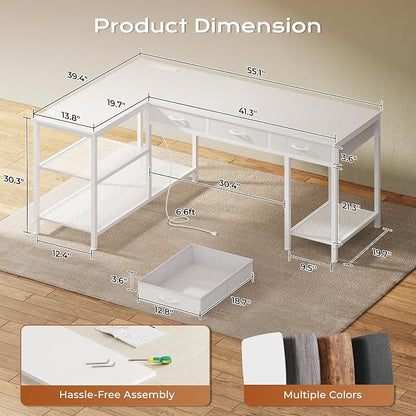 PRAISUN 55 Inch L Shaped Office Desk with Power Outlets and Type-C Port, Large Computer Gaming Desk with 3 Fabric Drawers, Mesh Shelves, Corner Study Work Writing Desk, White