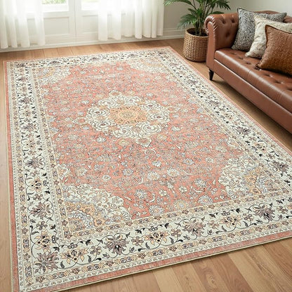 Goideal Washable Rug 5x7, Vintage Area Rugs Non Slip, Indoor Low Pile Carpet with Rubber Backing for Living Room Kitchen Bathroom Entryway Office Bedroom,Dusty Rose
