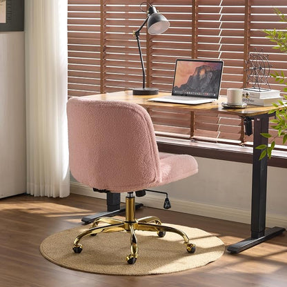 VINGLI Wide Criss Cross Legged Office Chair,Buttprint Ergonomic Desk Chair Comfy with Pillow&Gold Base,Dual-Use with/no Wheels,Adjustable Vanity Swivel Chair for Bedroom,Home Office,Teddy Fleece,Pink