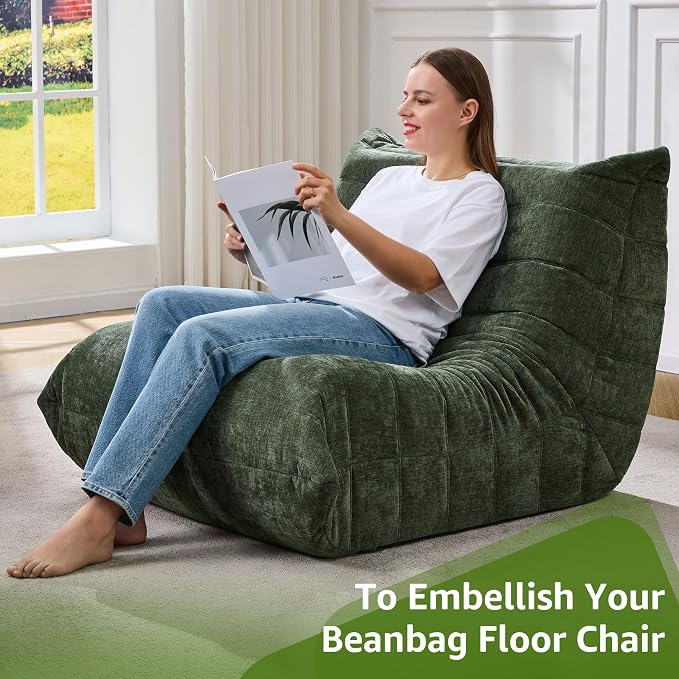 Hobestluk Adults Bean Bag Chair Faux Fur BeanBag Couch for Living Room | Green Chenille,Ergonomic Design,Memory Foam,UltraSoft,Anti-slip Bottom,No Assembly Required,Decorative Style for Living Room