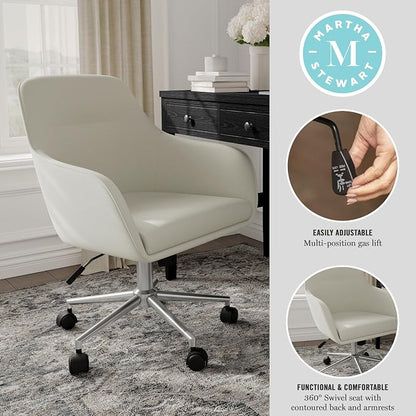 Martha Stewart Rayna Swivel Task Chair with Flared Arms for Home Office in Light Gray Fabric with Polished Nickel Frame