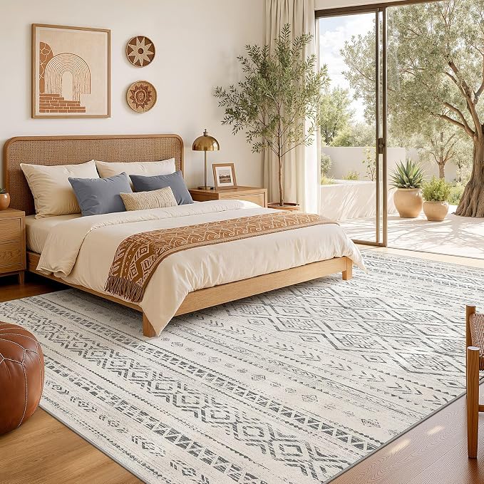 Nakagishi Area Rug Living Room Rugs: 6x9 Large Soft Machine Washable Boho Moroccan FarmNeutral Stain Resistant Indoor Floor Carpet for Bedroom Under Dining Table Home Office Decor-Grey