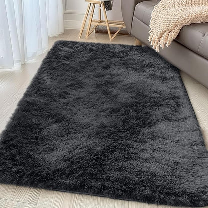 OLANLY 4x5 Machine Washable Accent Rug, Soft Fluffy Shaggy Area Rug for Bedroom, Living Room, Indoor Floor Carpet for Kids, Nursery, Home Decor, Black