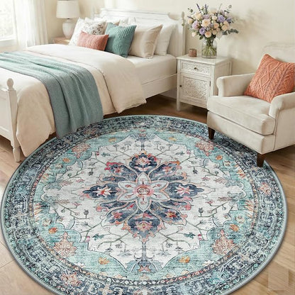 RELEANY Area Rugs Round 6ft Washable Non-Slip, Floral Vintage Distress Medallion Carpet for Living Room Bedroom Dining Room, Green Navy Blue White Red Teal