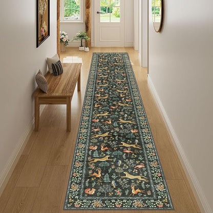 DUKINO 2x14 Runner Rug for Hallway, Vintage Non Slip Long Kitchen Rug with Washable Design, Soft Low Pile Animal Print Indoor Carpet for Hallway, Kitchen, Bathroom, Laundry, Black