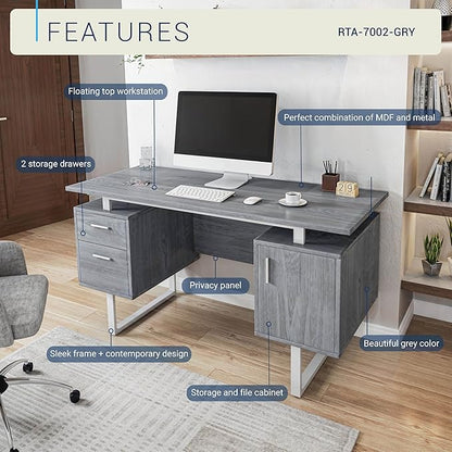 Techni Mobili Modern Office Desk with Storage, Gray