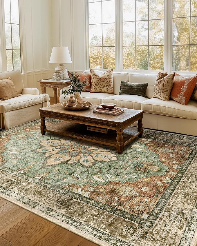 RELEANY Area Rugs 7'x9' Washable Non-Slip, Floral Vintage Distress Medallion Carpet for Living Room Bedroom Dining Room, Terracotta Burnt Orange Green