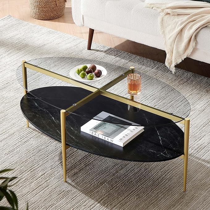 LumFurn Oval Glass Coffee Table, Mid-Century Modern Design, L43 x W22 x H17 inch, Surfboard Shaped Grey Glass Top and Black Marble Finish Wood Shelf, Tapered Legs with Gold Finish Frame