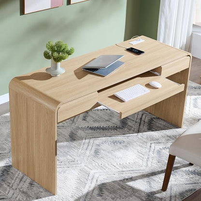 63" Modern Computer Desk with 2 Drawers, Wood Curved Executive Desk with Keyboard Tray & Power Outlet, Writing Desks with Storage for Home Office, Study Room, Living Room (Natural)