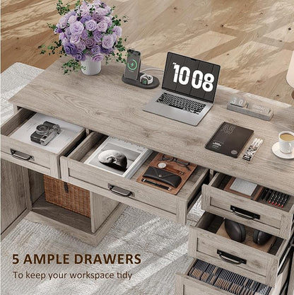 Whalefall 55'' Farmhouse Desk Home Office with Drawers, Light Gray | Executive Computer Desk with File Cabinet and Charging Station, Wooden Small Desk with Locking Drawers Storage